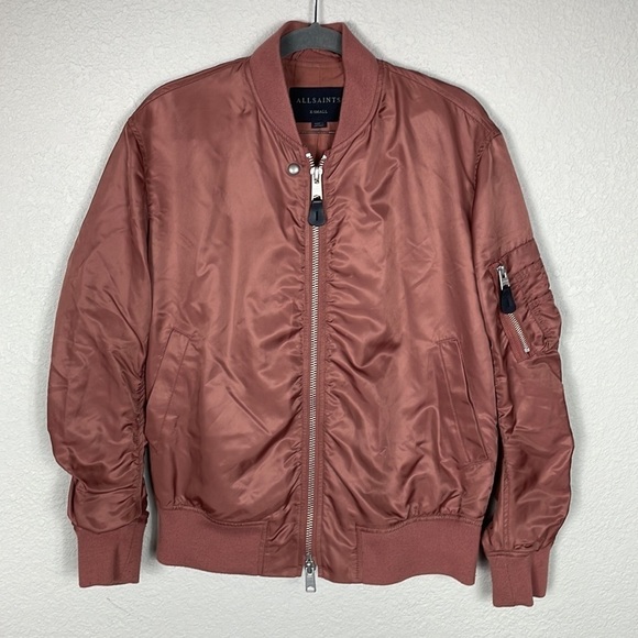 All Saints Myra Bomber Flight Jacket Rust Brown Red Ruched Nylon Sz XS - Picture 5 of 15